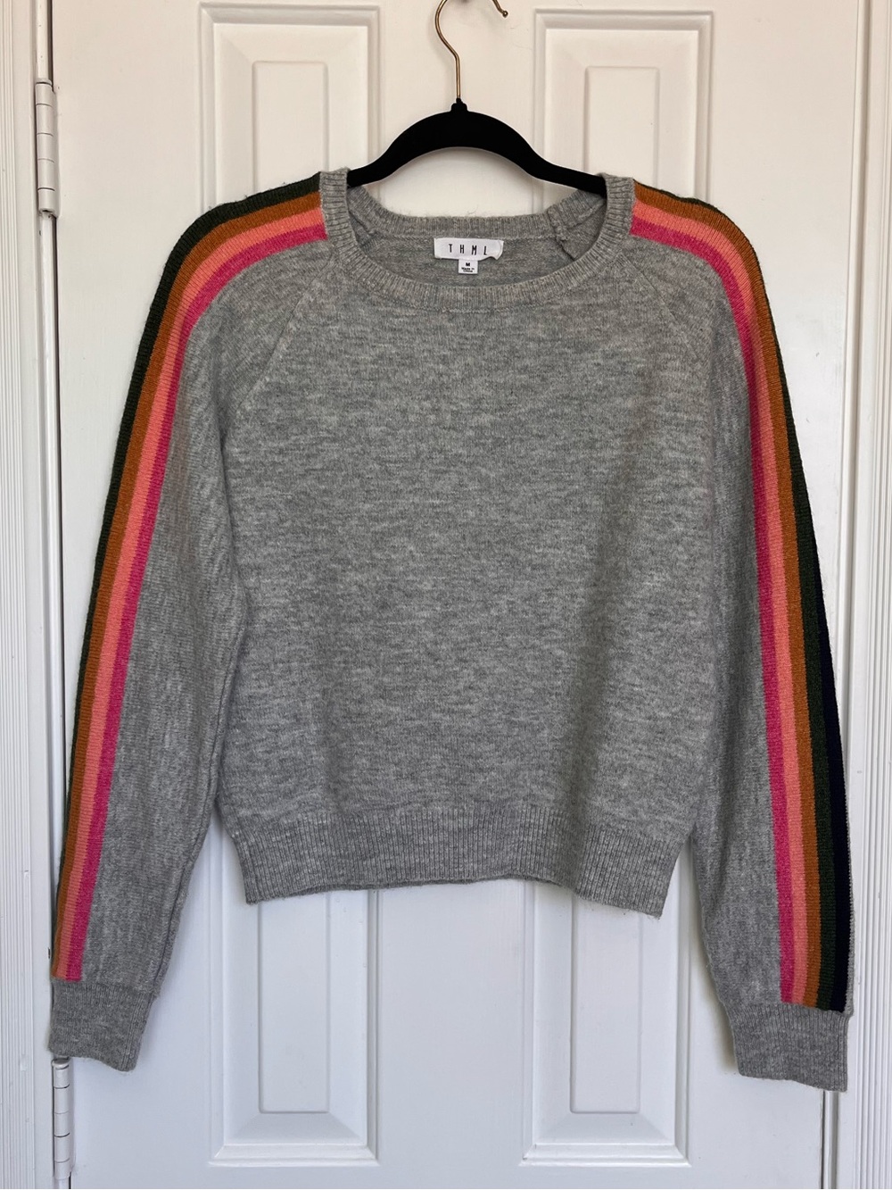 THML Gray Crewneck Sweater with Multicolor Stripe Sleeves